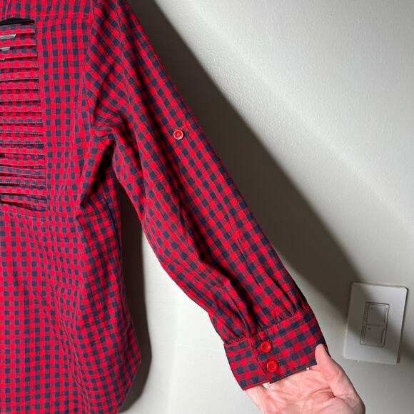 Women's Buffalo Plaid Shirt Cutout and Braided Back Sz L Button Front Collar - Picture 6 of 12